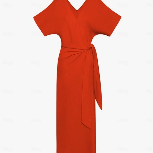 Ador Tencel Linen V Neck Shirred Wrap Midi Dress - size M - Picture 4 of 6